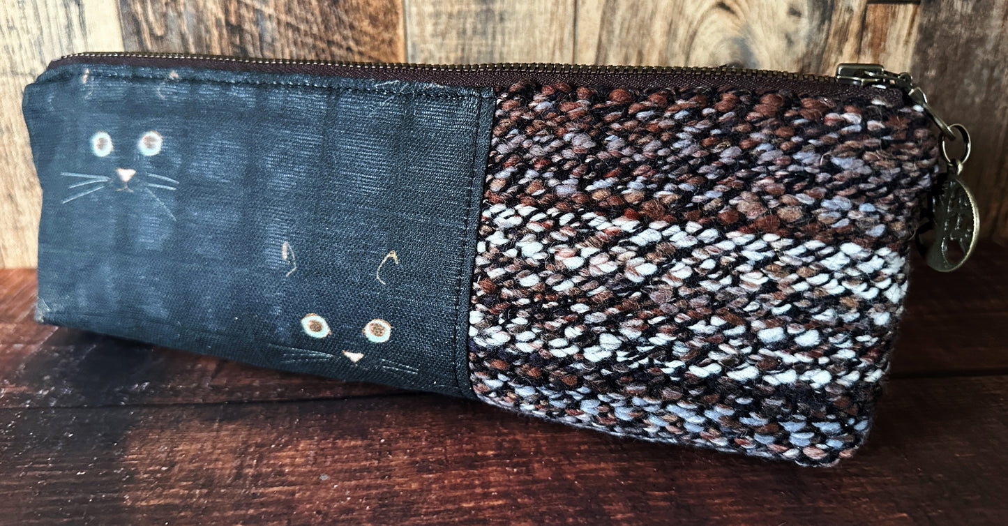 Black Cat and Handwoven Wool Long and Lean Zipper Bag