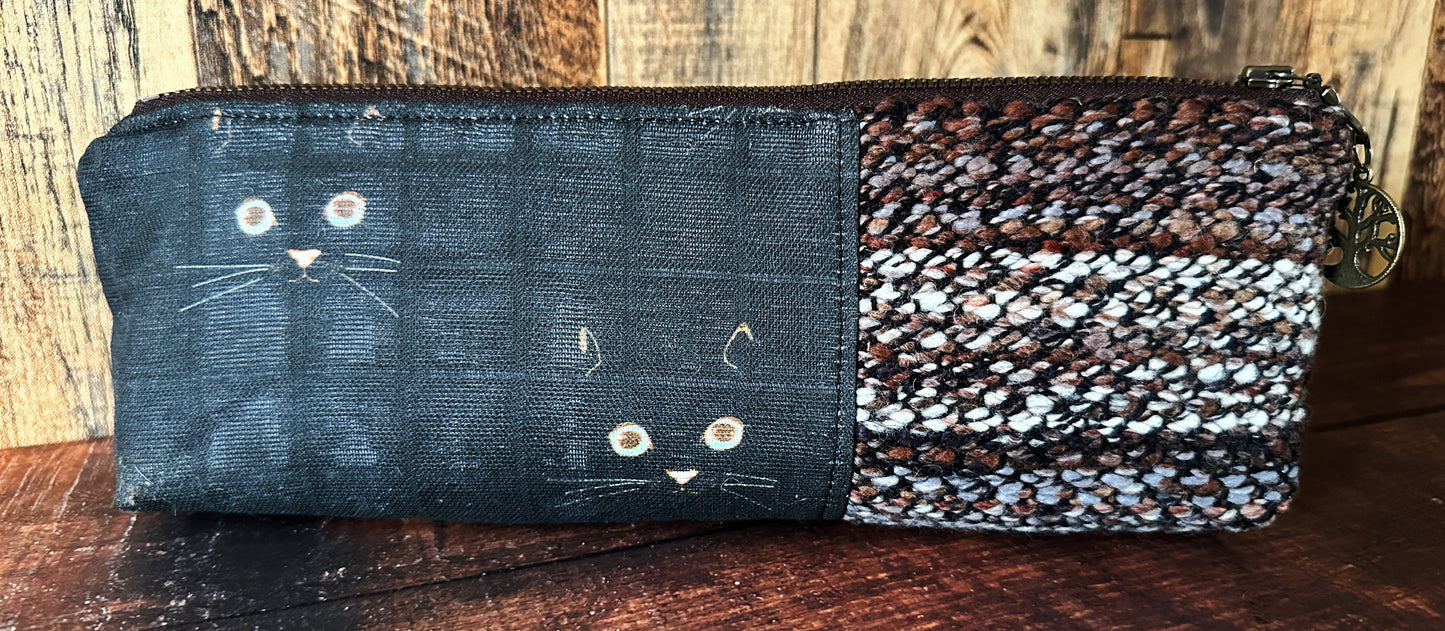 Black Cat and Handwoven Wool Long and Lean Zipper Bag
