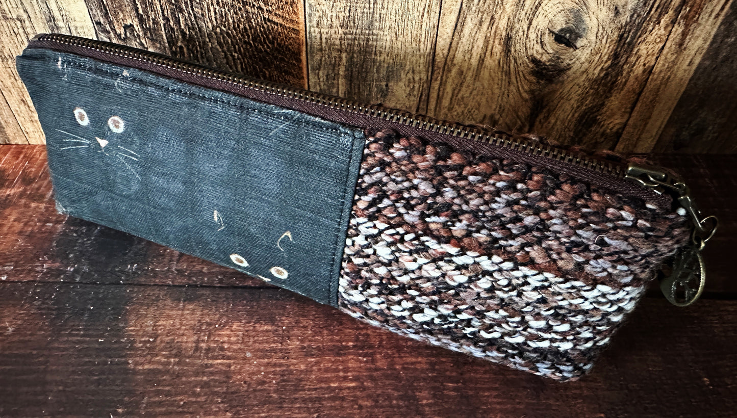 Black Cat and Handwoven Wool Long and Lean Zipper Bag