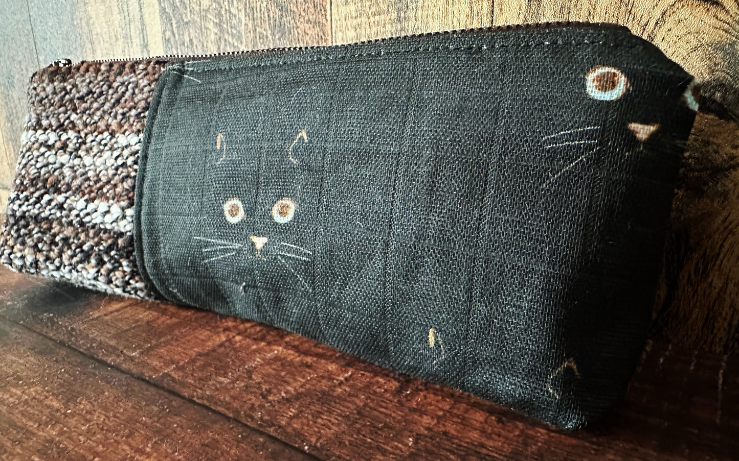 Black Cat and Handwoven Wool Long and Lean Zipper Bag