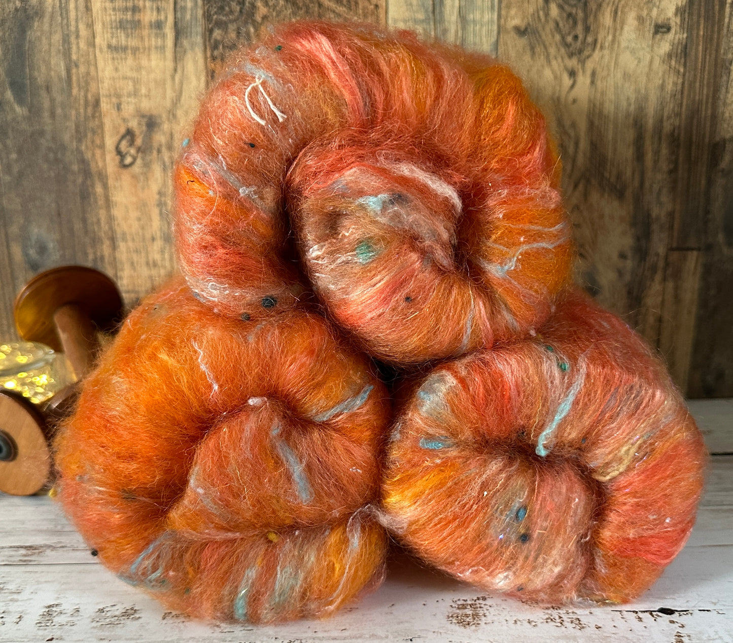 VERY ARTY Art Batts ~ Shetland and Mohair Batt for Spinning or Felting ~ Oranges