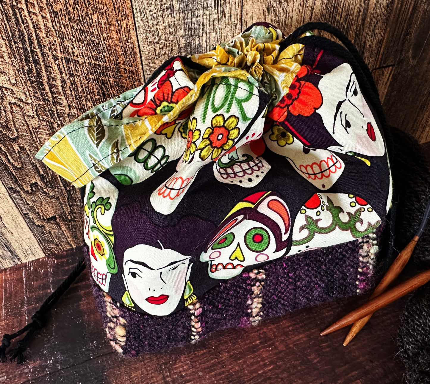 Frida and Calavera & Handwoven Wool Small Project Bag