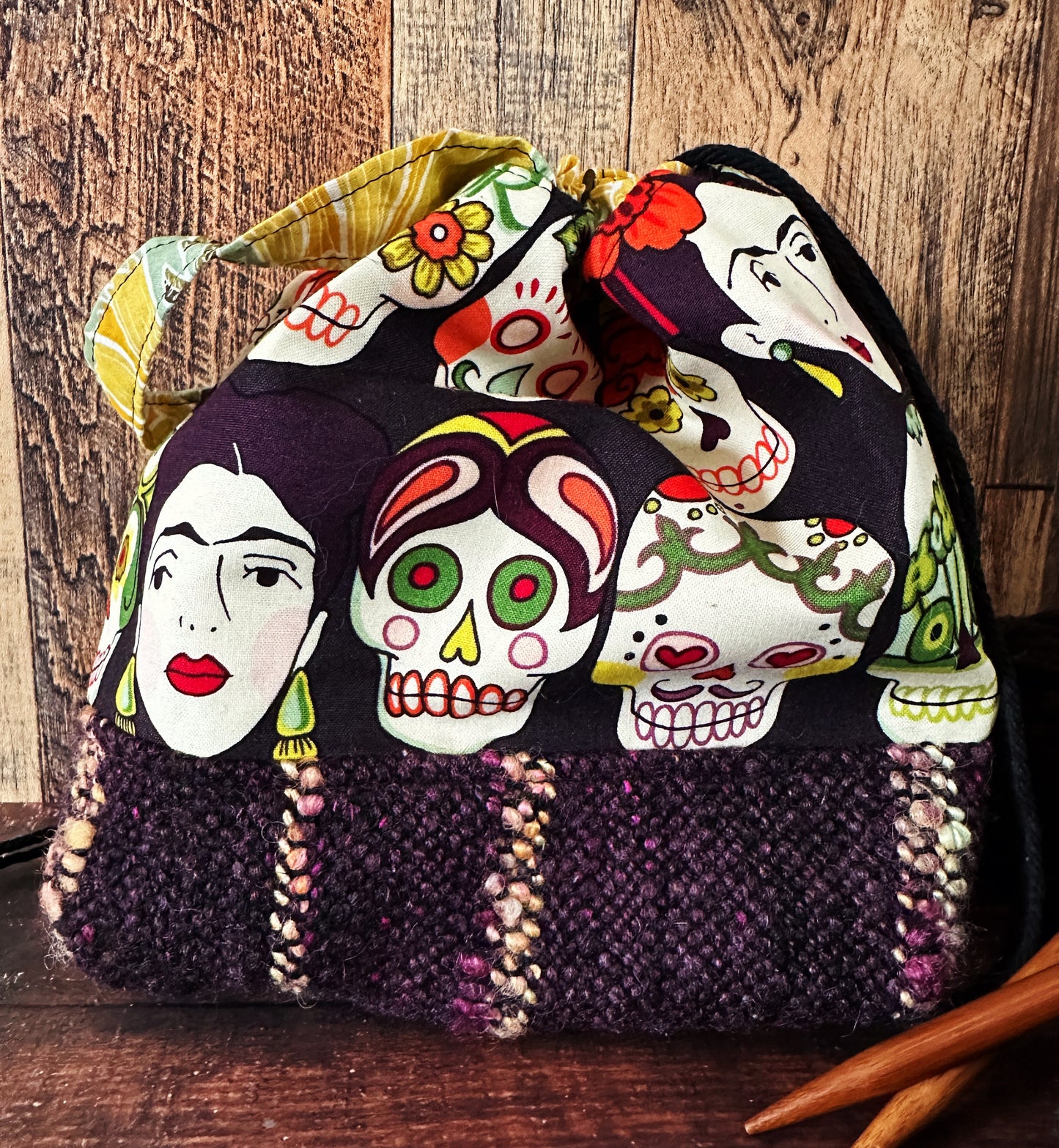 Frida and Calavera & Handwoven Wool Small Project Bag