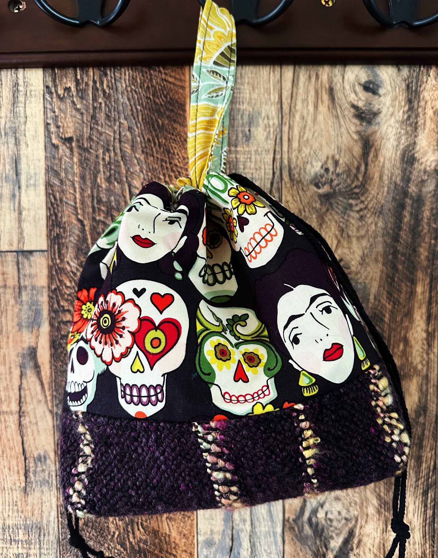 Frida and Calavera & Handwoven Wool Small Project Bag