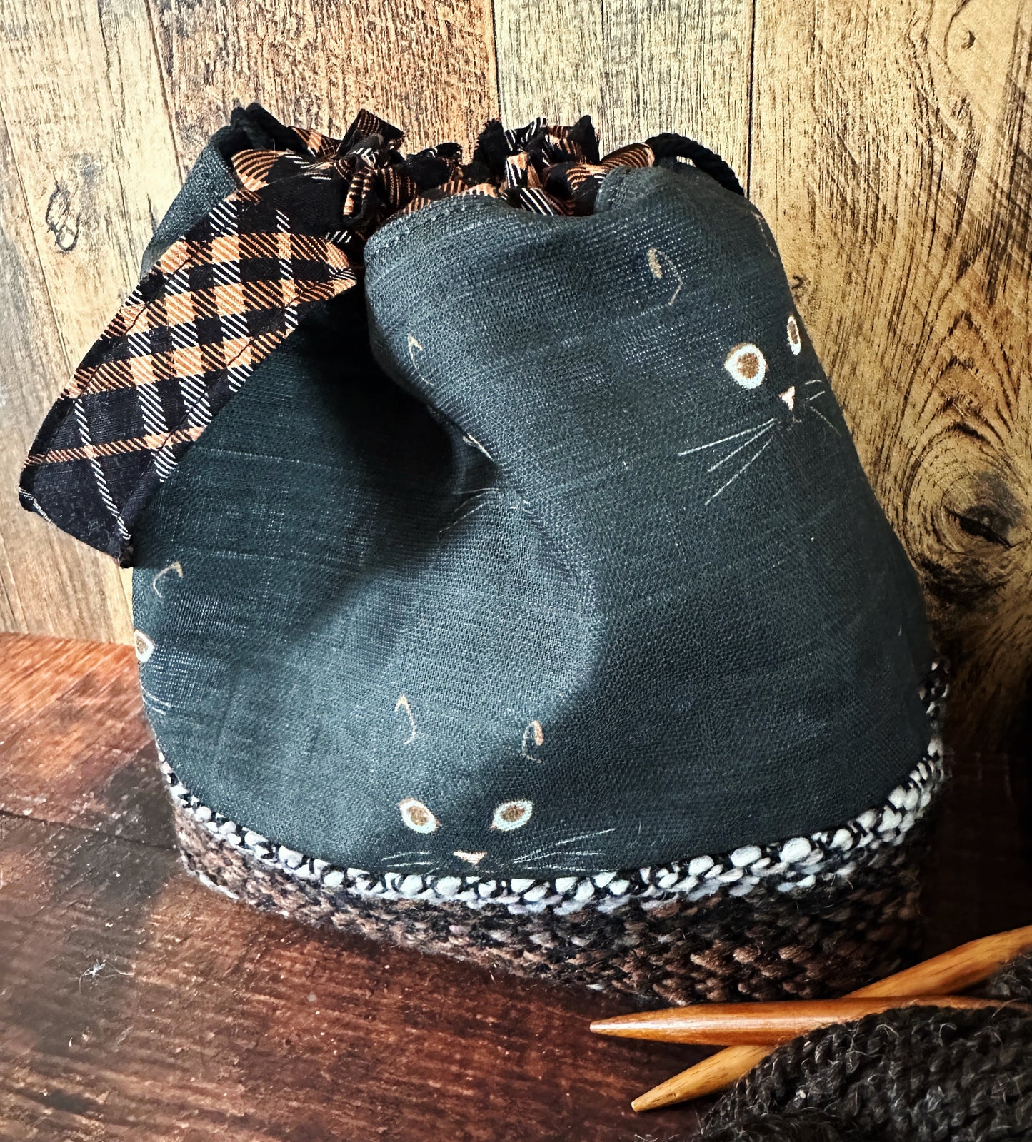 Black Cats & Handwoven Wool Small Project Bag