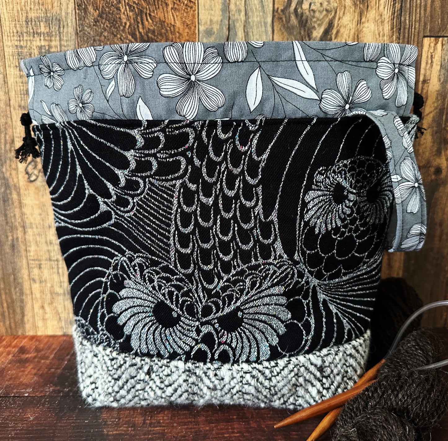 Silver Owls and Handwoven Wool Medium Project Bag