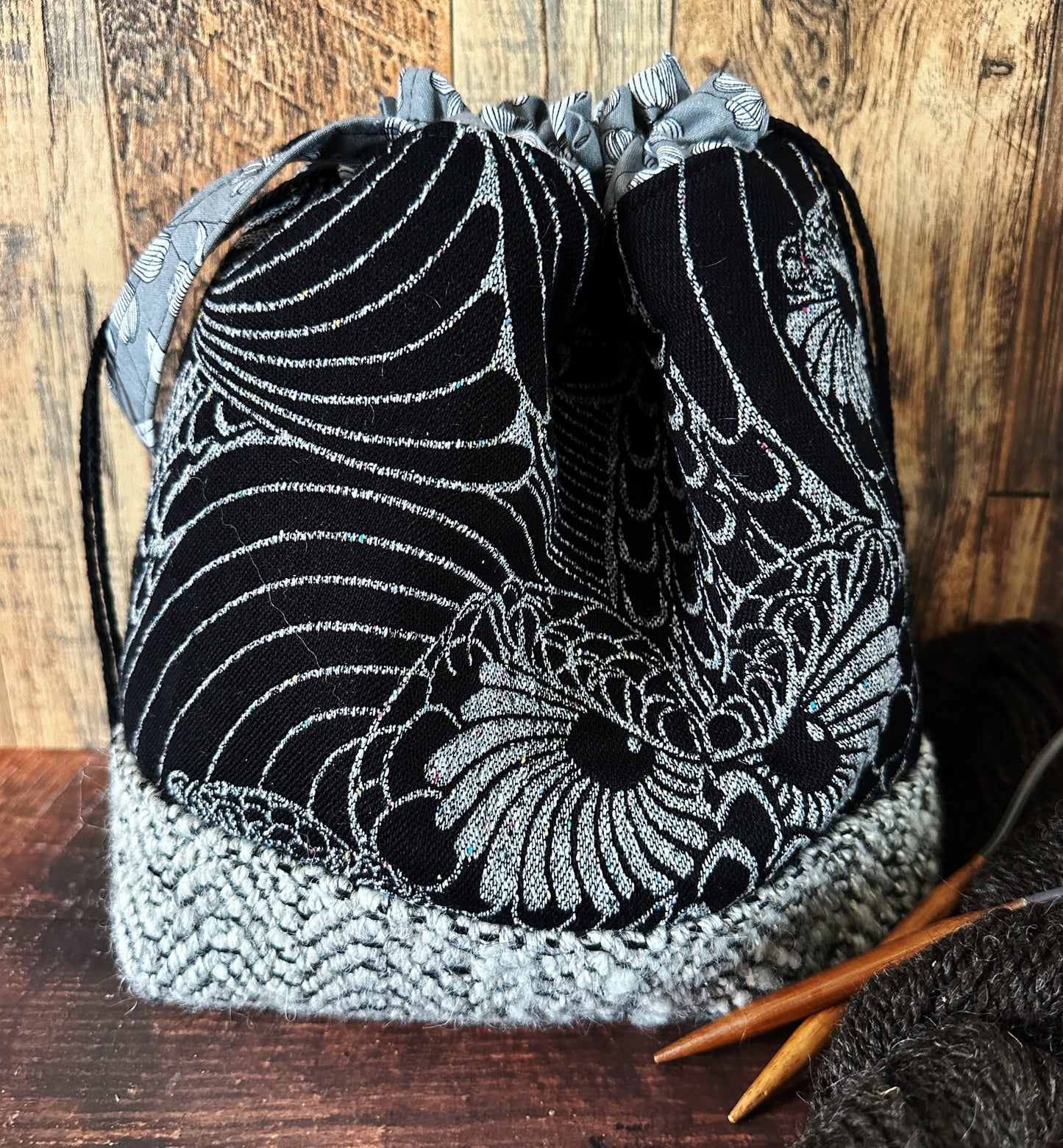 Silver Owls and Handwoven Wool Medium Project Bag