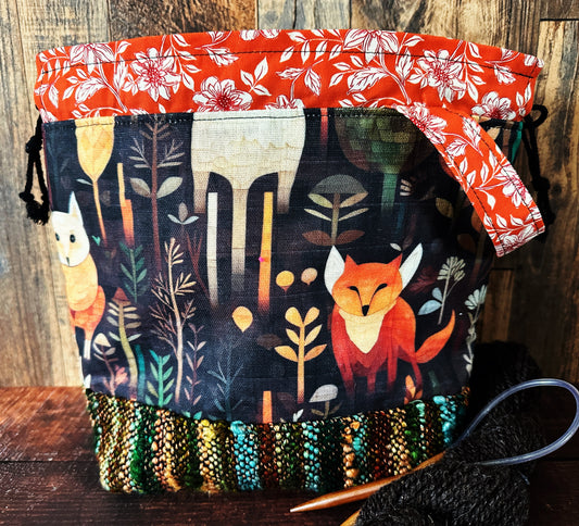 Forest Foxes and Handwoven Wool Medium Project Bag