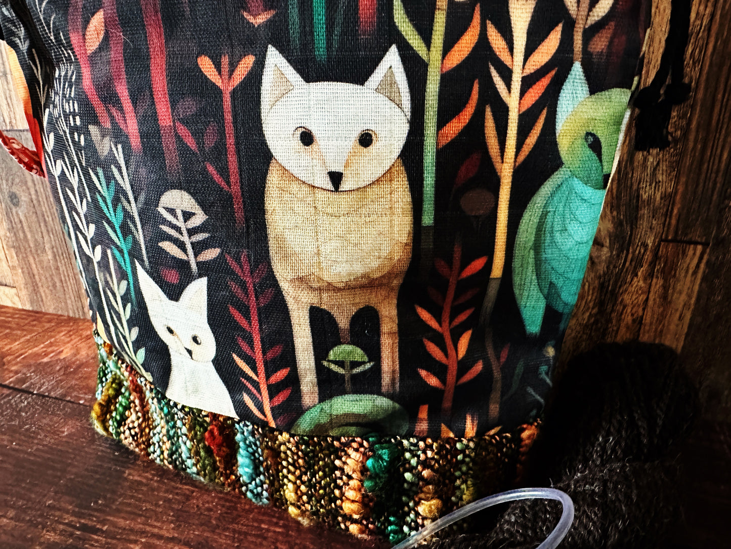 Forest Foxes and Handwoven Wool Medium Project Bag