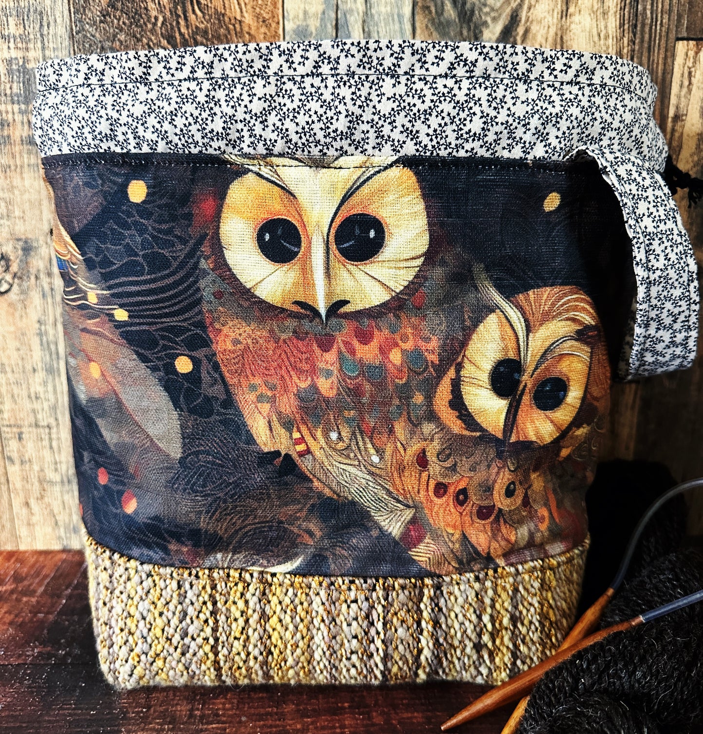 Golden Owls and Handwoven Wool Medium Project Bag (Copy)