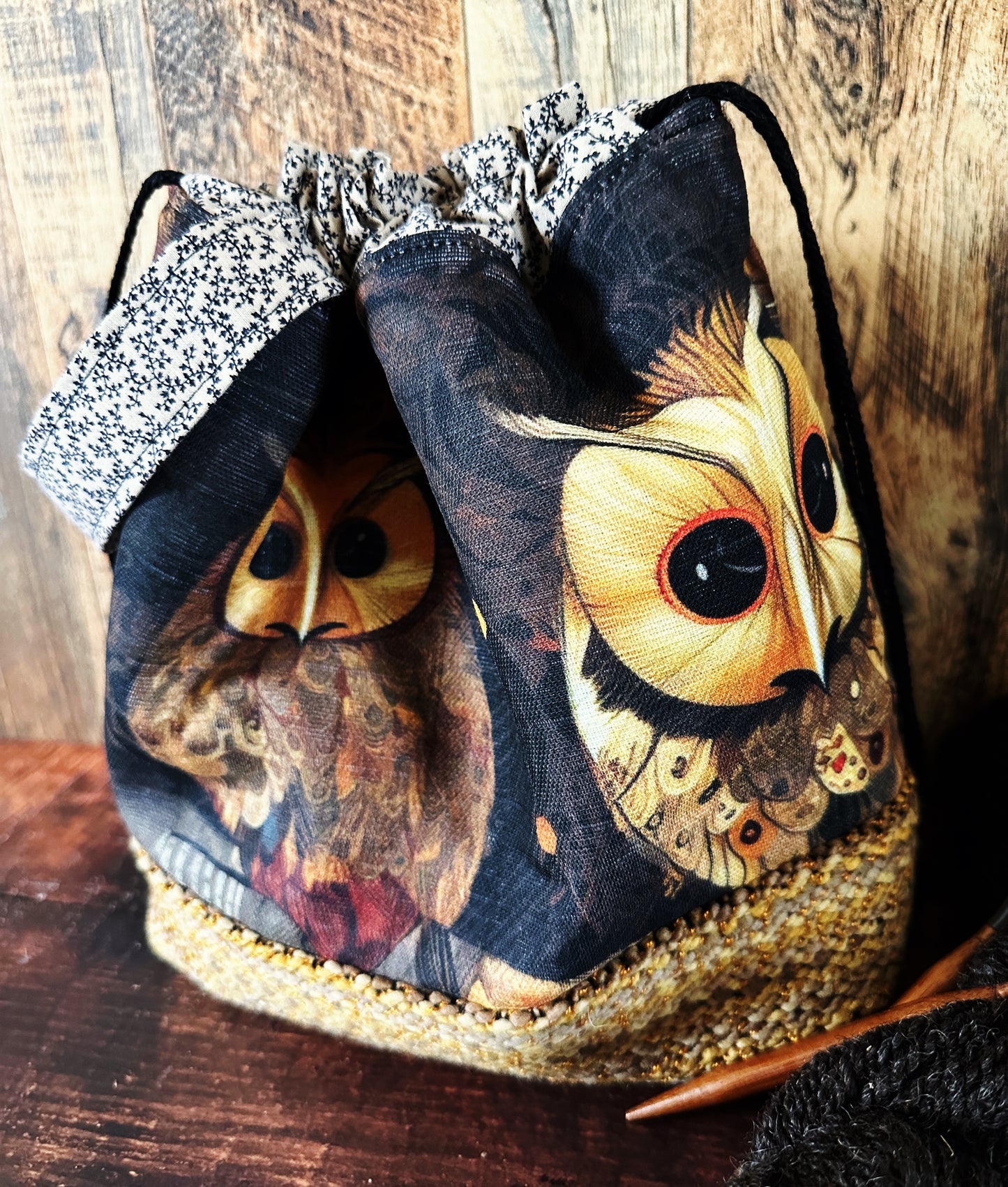 Golden Owls and Handwoven Wool Medium Project Bag (Copy)