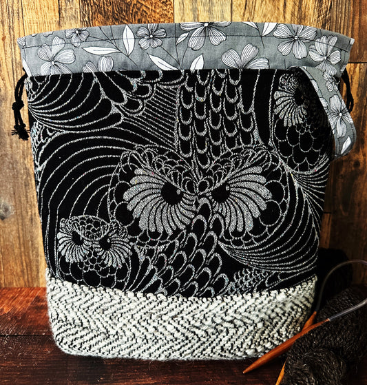 Silver Owls & Woven Wool Large Project Bag