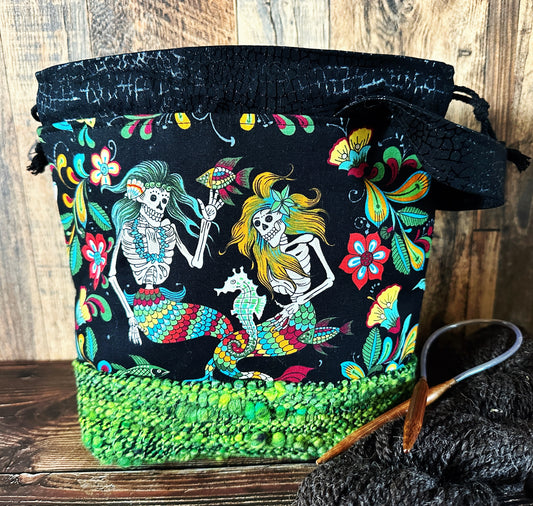 Skeleton Merfolk with Handwoven Wool Small Project Bag