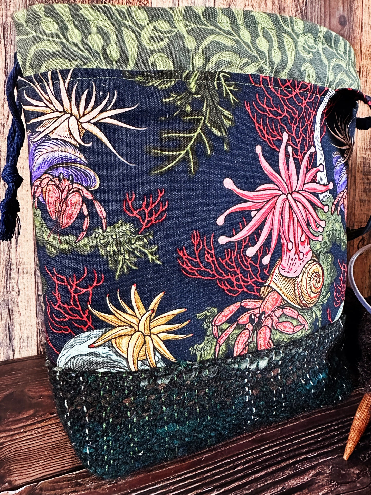Hermit Crabs and Anemones with Handwoven Wool Small Project Bag