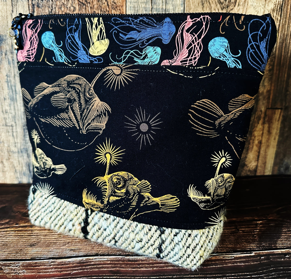 Midnight Zone Anglerfish with Woven Wool Cosmetic or Zipper Bag