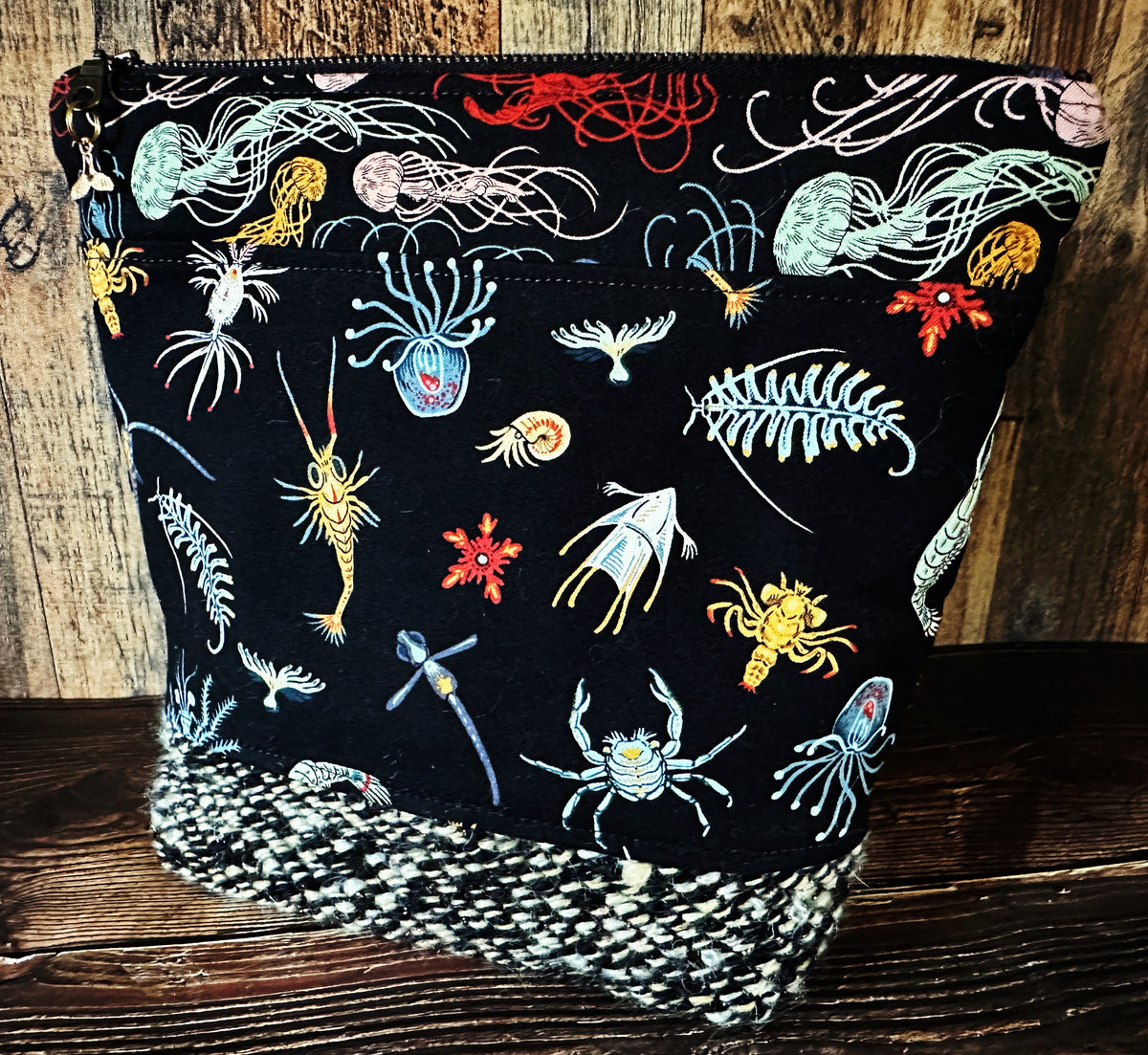 Midnight Zone Plankton with Woven Wool Cosmetic or Zipper Bag