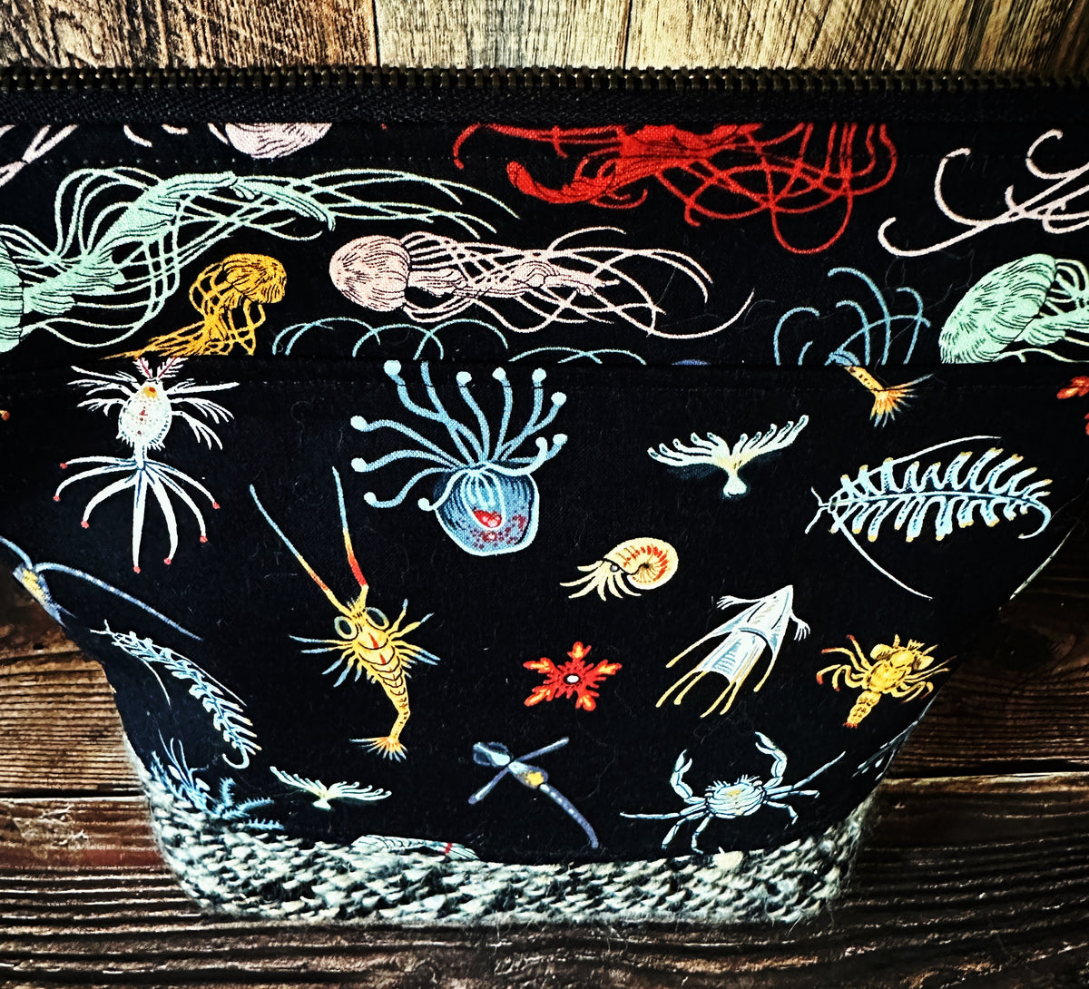 Midnight Zone Plankton with Woven Wool Cosmetic or Zipper Bag