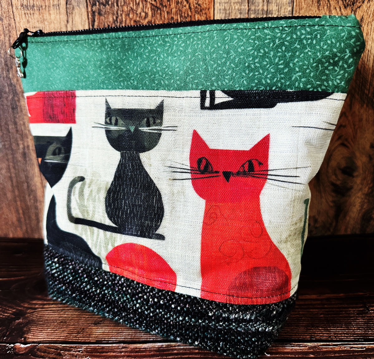 Mid Mod Cats with Woven Wool Cosmetic or Zipper Bag