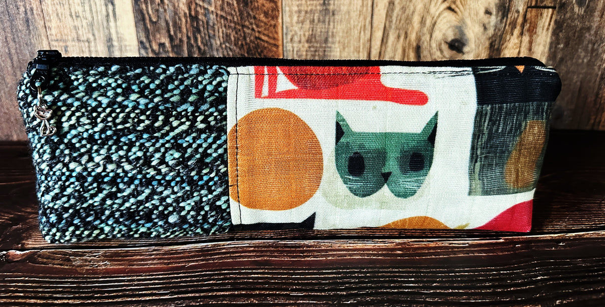 Mid Mod Cats with Handwoven Wool Long and Lean Zipper Bag