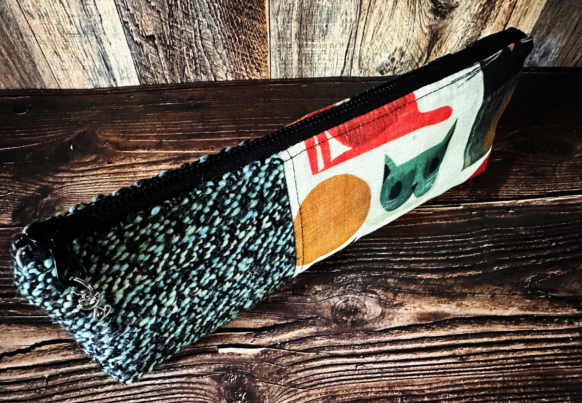 Mid Mod Cats with Handwoven Wool Long and Lean Zipper Bag
