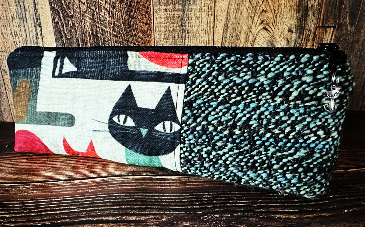 Mid Mod Cats with Handwoven Wool Long and Lean Zipper Bag