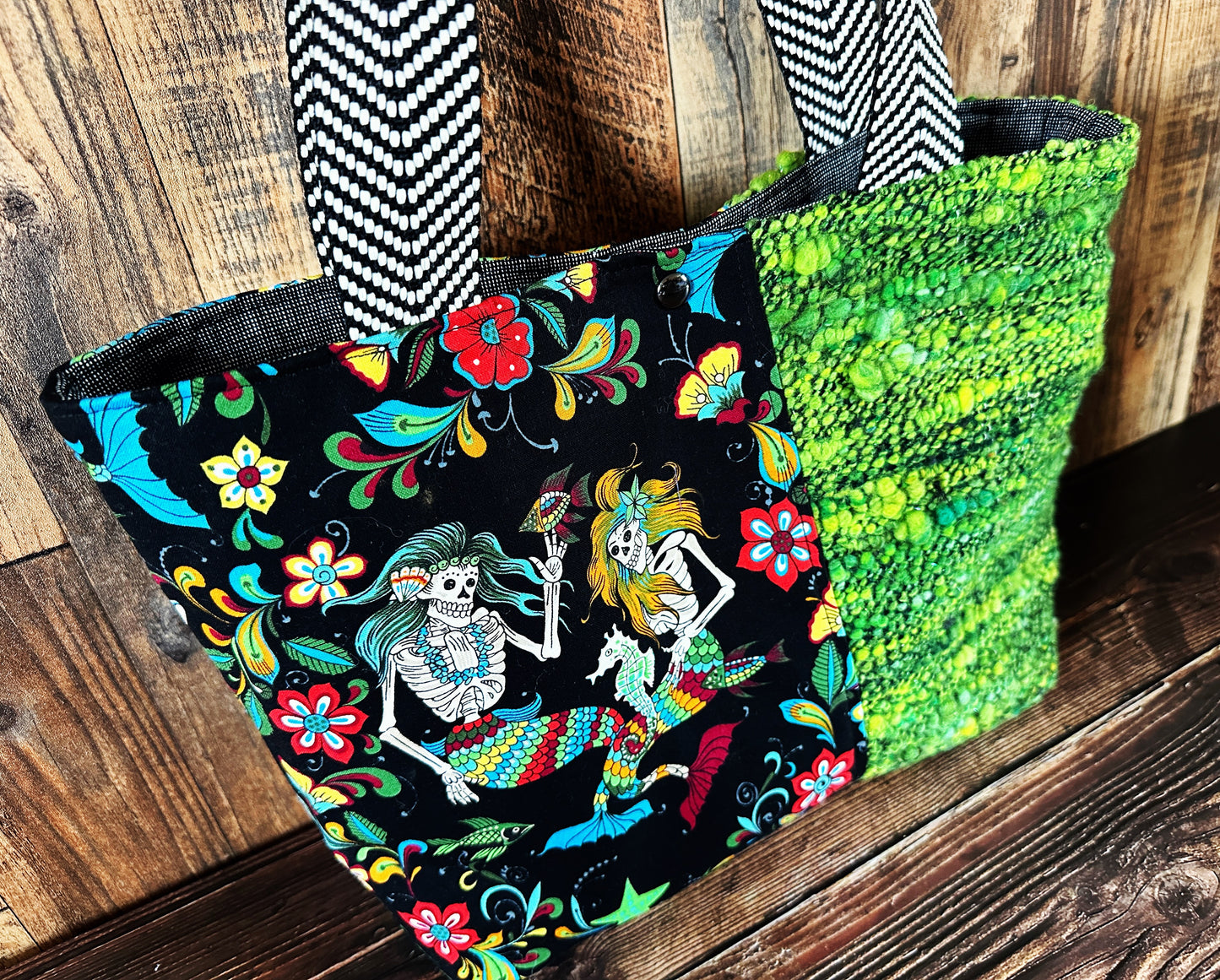 Skeleton Merfolk and Handwoven Wool Med Tote