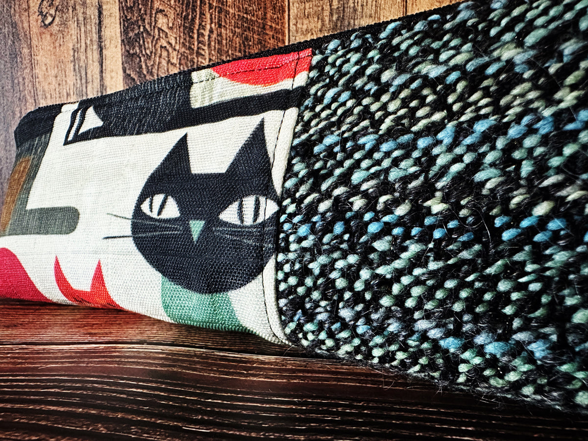 Mid Mod Cats with Handwoven Wool Long and Lean Zipper Bag