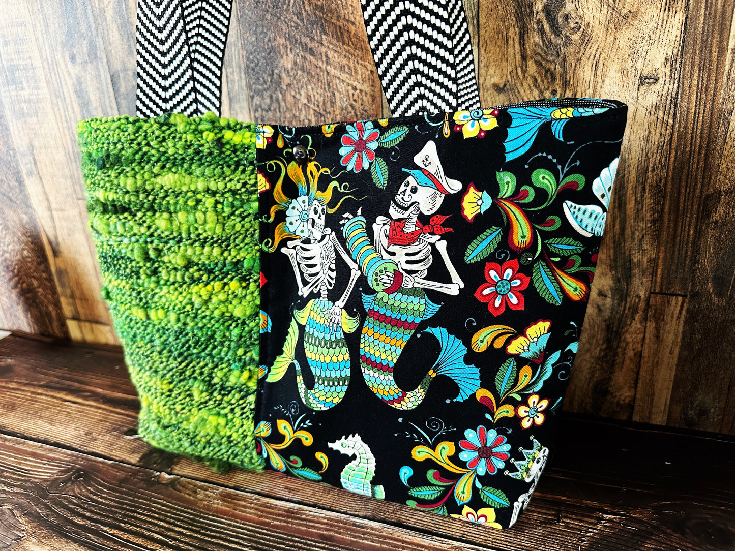 Skeleton Merfolk and Handwoven Wool Med Tote