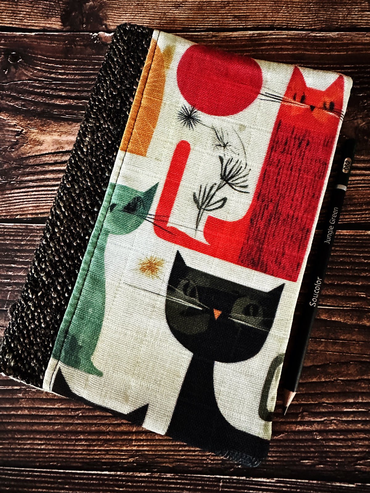 Mid Mod Cats with Handwoven Wool Adjustable A5 Journal Cover