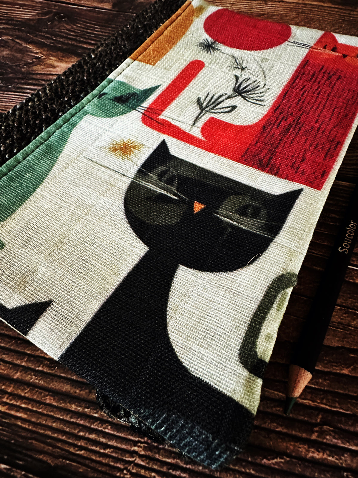 Mid Mod Cats with Handwoven Wool Adjustable A5 Journal Cover
