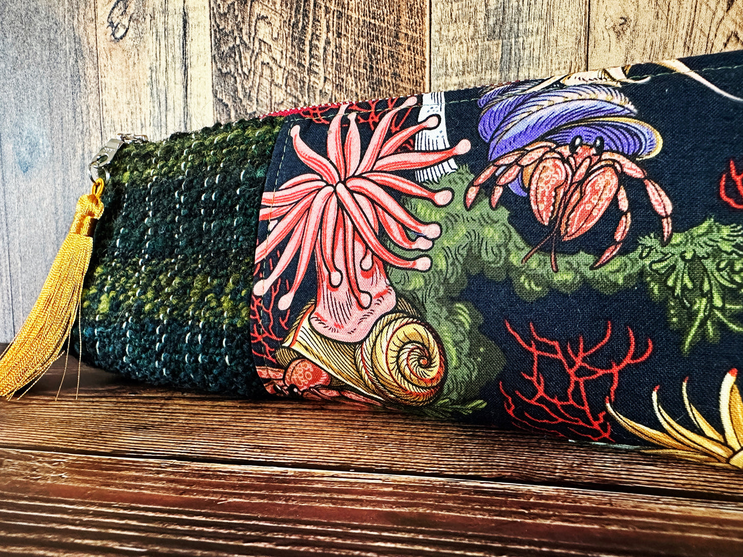 Hermit Crabs and Anemones with Handwoven Wool Long and Lean Zipper Bag