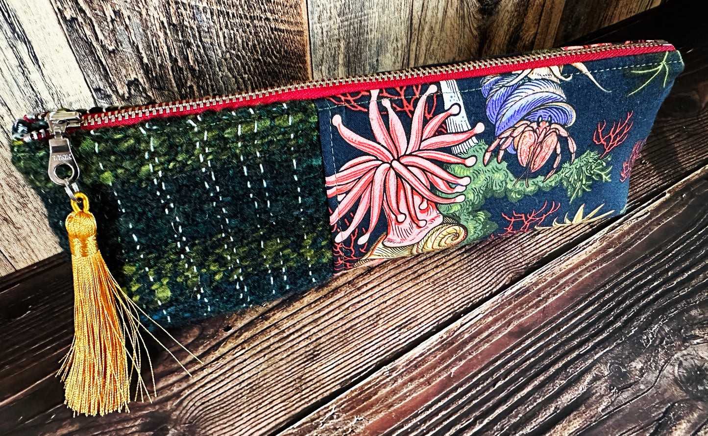 Hermit Crabs and Anemones with Handwoven Wool Long and Lean Zipper Bag