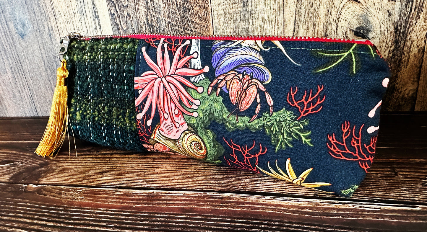 Hermit Crabs and Anemones with Handwoven Wool Long and Lean Zipper Bag