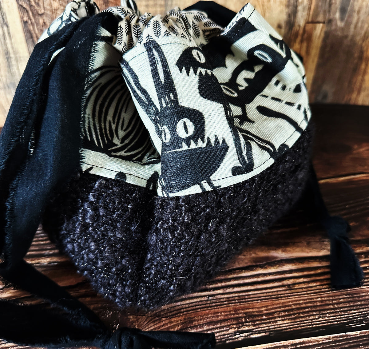 Misfit Monsters with Handwoven Wool Medium Drawstring Dumpling Bag