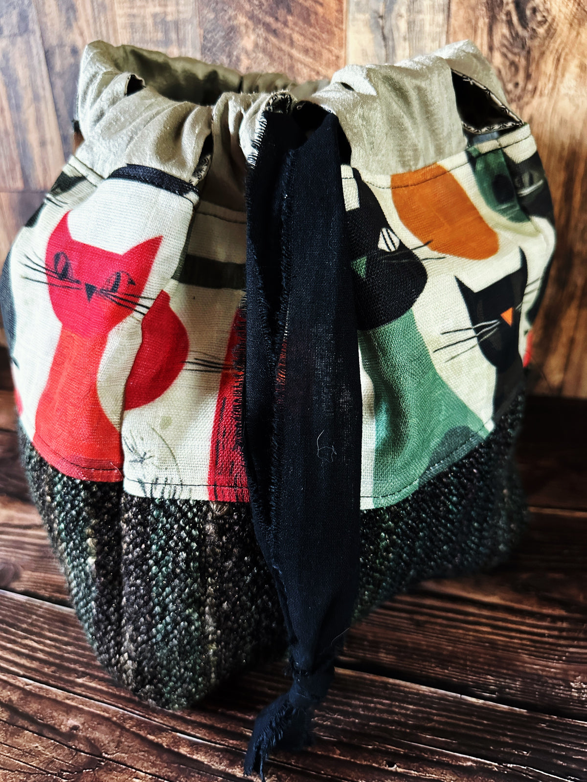 Mid Mod Cats with Handwoven Wool Large Dumpling Bag