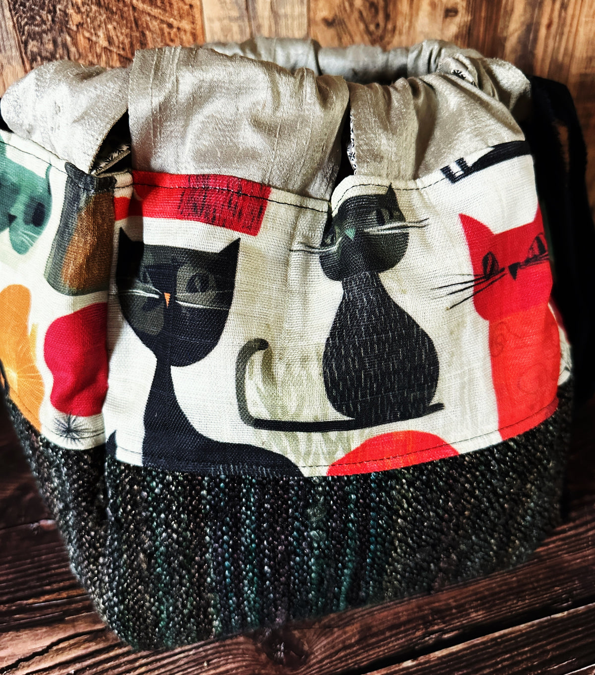 Mid Mod Cats with Handwoven Wool Large Dumpling Bag