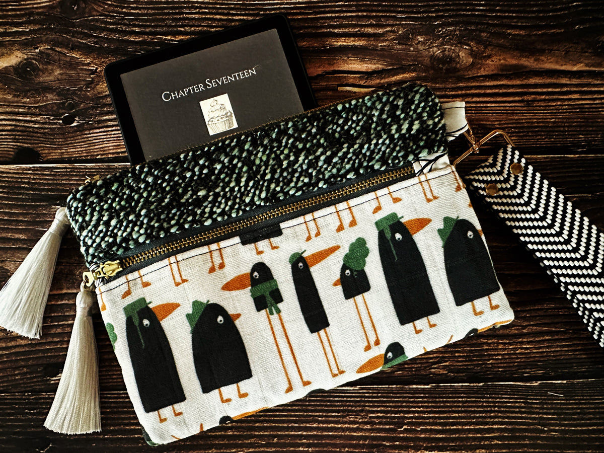 Murder of Crows & Handwoven Wool Double Zipper Clutch, Perfect for E Readers