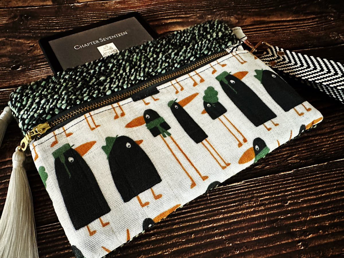 Murder of Crows & Handwoven Wool Double Zipper Clutch, Perfect for E Readers