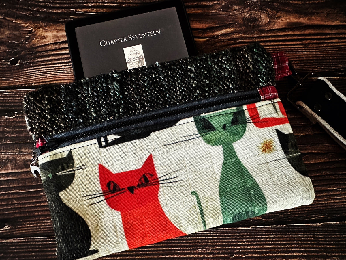 Mid Mod Cats & Handwoven Wool Double Zipper Clutch, Perfect for E Readers