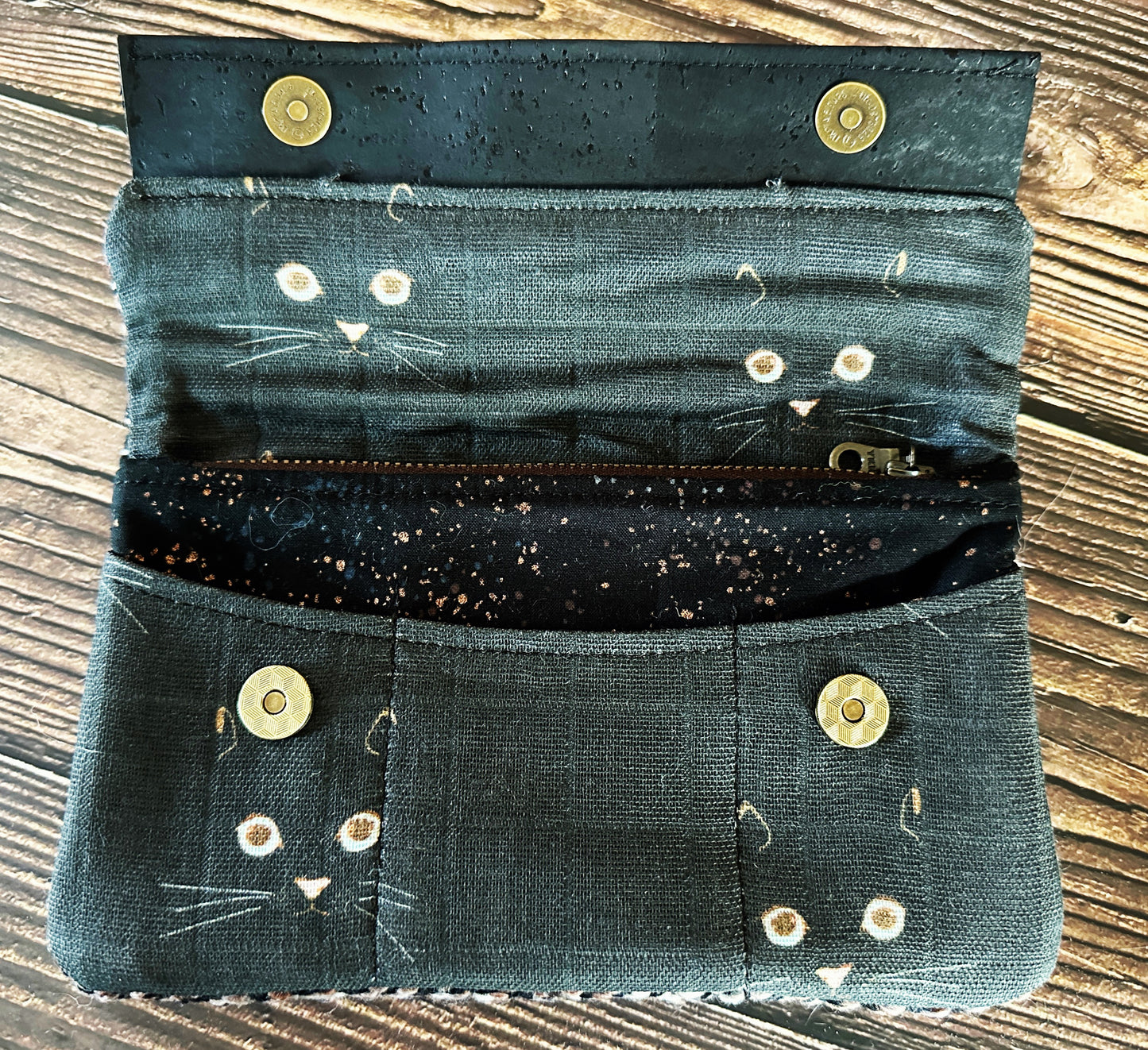 Black Cat Faces with Woven Wool Minimalist Wallet