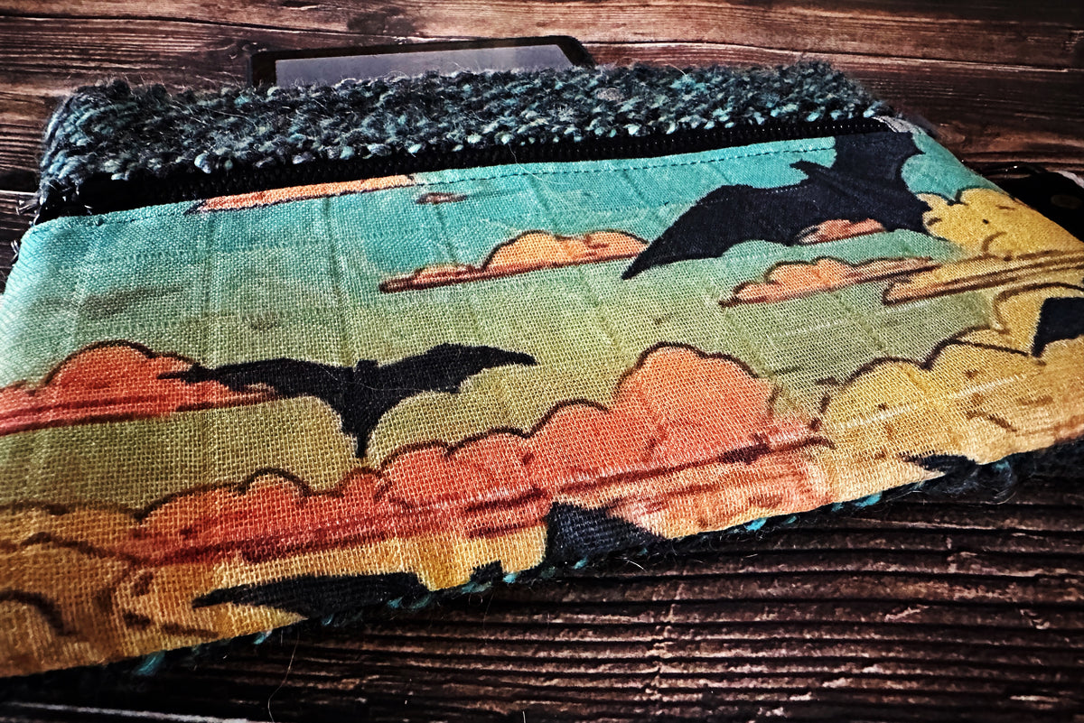 Bats at Sunset & Handwoven Wool Double Zipper Clutch, Perfect for E Readers