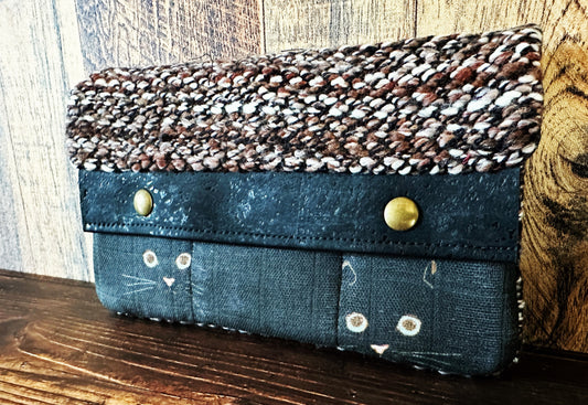 Black Cat Faces with Woven Wool Minimalist Wallet