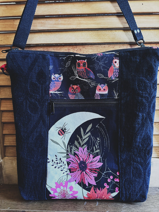 Wolf and Moon Zipper Top Crossbody Tote Bag