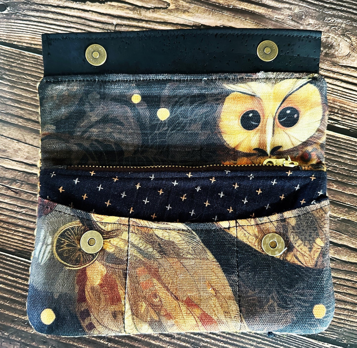 Golden Owls with Woven Wool Minimalist Wallet