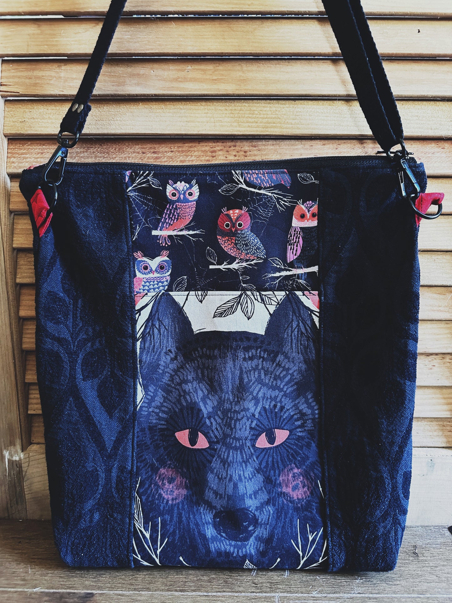 Wolf and Moon Zipper Top Crossbody Tote Bag