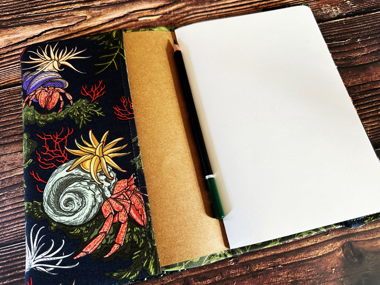 Hermit Crabs and Anemones with Handwoven Wool Adjustable A5 Journal Cover