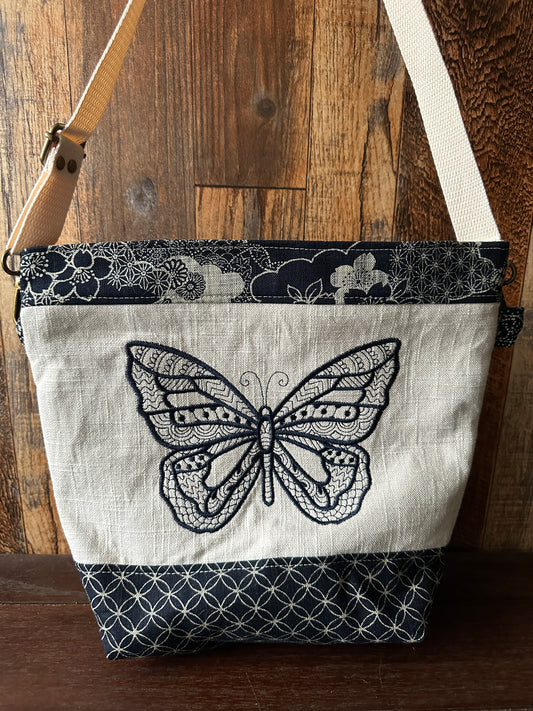 Indigo Linen with Butterfly Medium Shoulder Bag/Purse