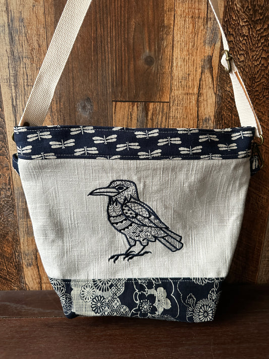 Indigo Linen with Raven Medium Shoulder Bag/Purse