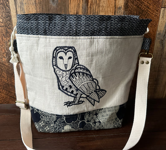 Indigo Linen and Barn Owl Medium Project Bag w/ Shoulder Strap