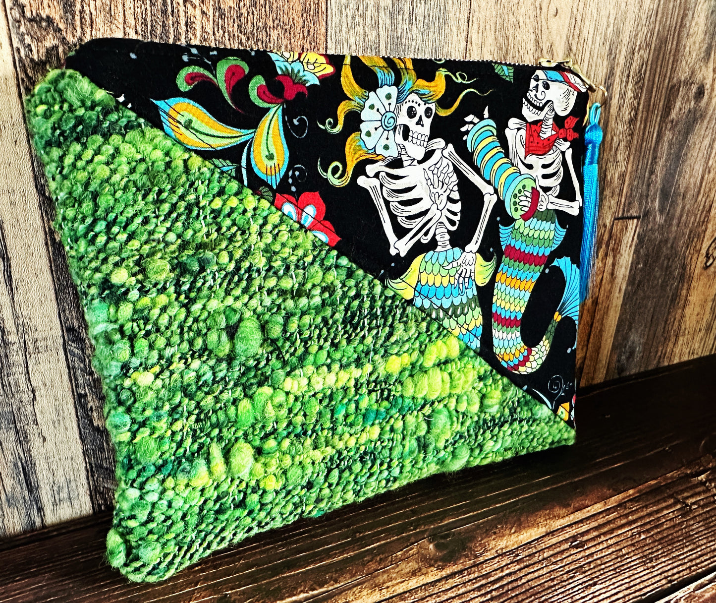 Skeleton Merfolk with Handwoven Wool Zipper Bag